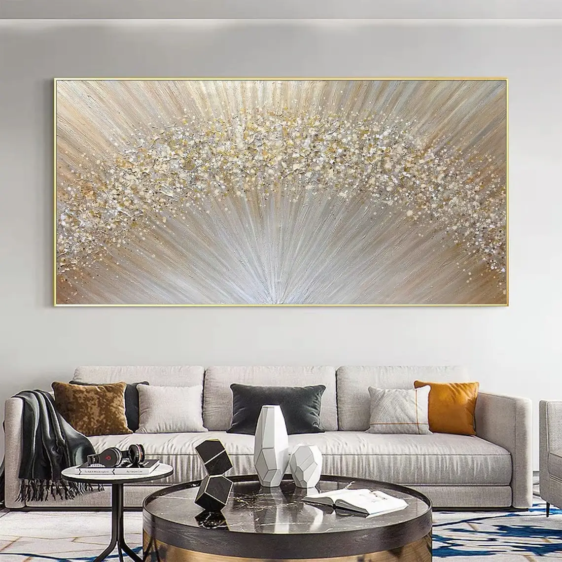 

Large Abstract Gold Texture Oil Painting on Canvas Minimalist Yellow Ripple Acrylic Painting Modern Living Room Wall Art Decor