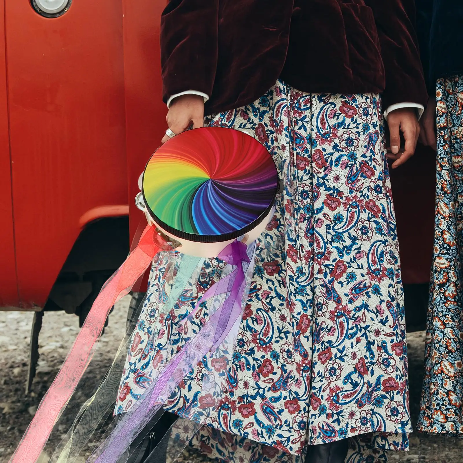 6 Inch Rainbow Ribbon Hand Drum Tambourine Percussion Instrument Classical Dance Stage Performance Portable Kids Adults Musical