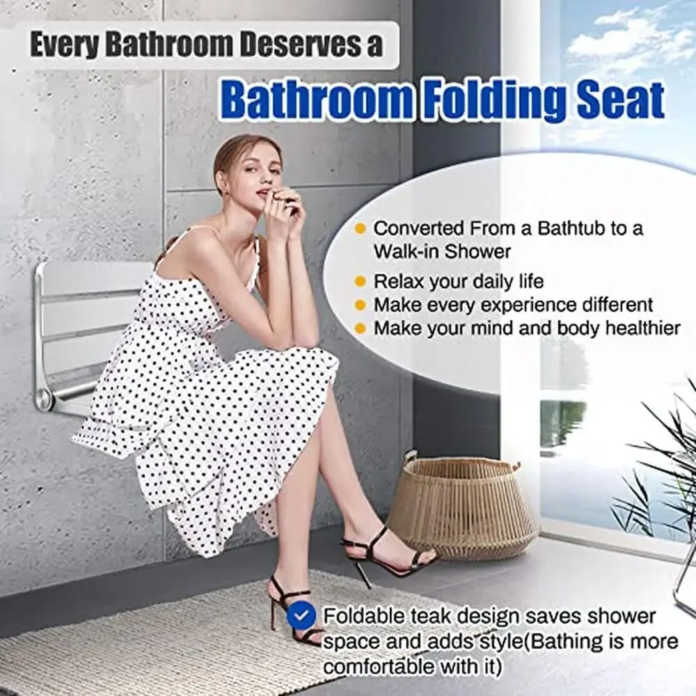 Teak Wood Folding Shower Seat Wall Mount Foldable Bench Inside Bathroom Sauna Nursery Balcony Changing Room Stylish Design Easy 3