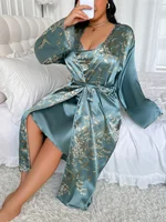 Ensemble pyjama pour femmes grande taille à imprimé floral cerise, robe de nuit sexy avec robe longue, ensemble de vêtements de détente deux pièces pour femmes 2