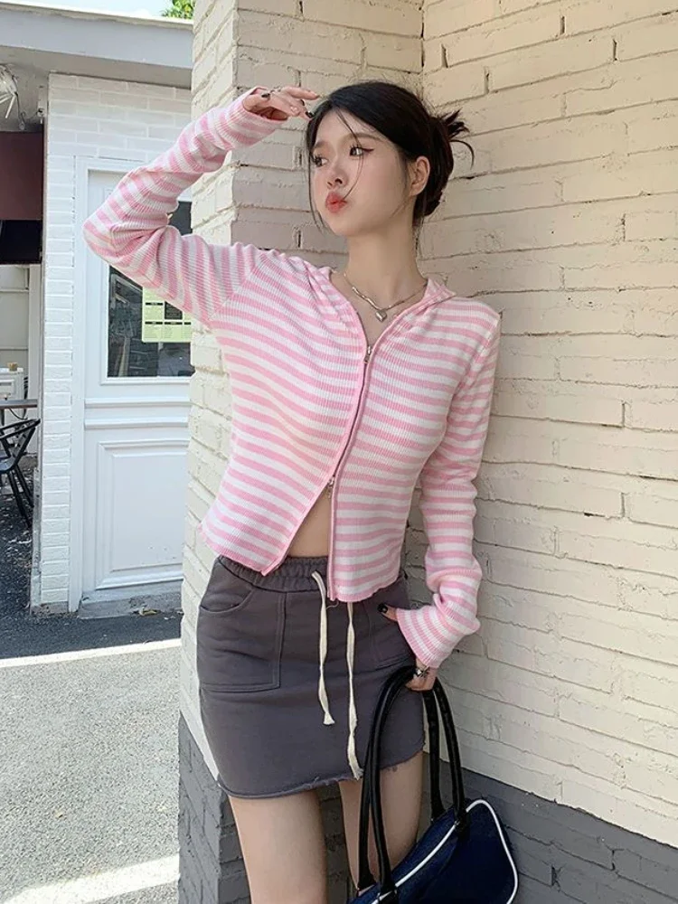 2025 Pink Striped Vintage Y2k Aesthetic Women Cardigan