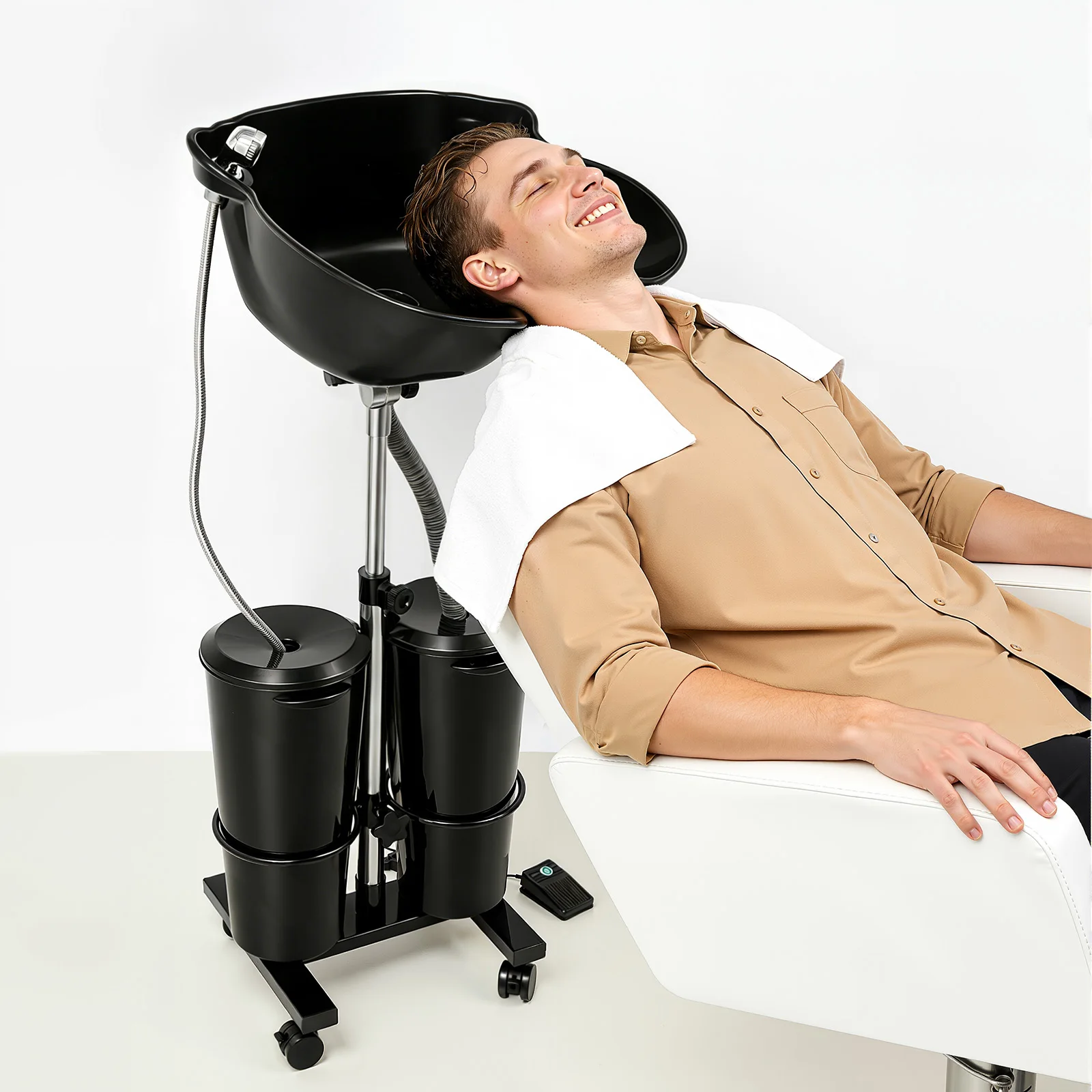 Bac à shampoing portable, avec 2 seaux à eau, lavabo de coiffure de 30 cm de profondeur, unité de lavage de cheveux mobile à hauteur et angle réglables 1 Bac à shampoing portable, avec 2 seaux à eau, lavabo de coiffure de 30 cm de profondeur, unité de lavage de cheveux mobile à hauteur et angle réglables 1