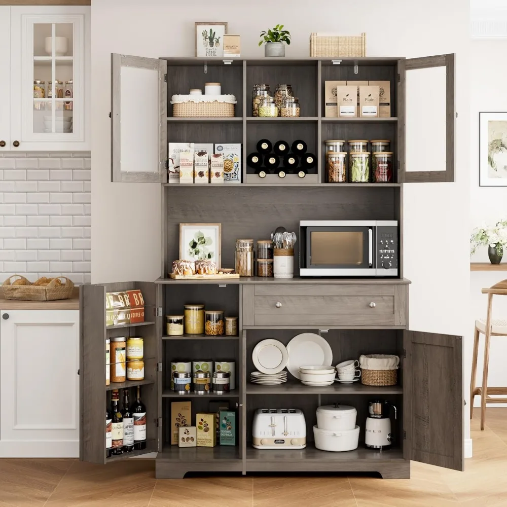 Kitchen Pantry Storage Cabinet, Buffet Cabinet with Hutch, Tall Kitchen Hutch Cabinet with Microwave Stand, Food Pantry