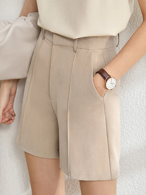 Amii Minimalism Spring Female Offical Lady Blazer Women,Lace Vneck Tanks,High Waist Women's pants Female Shorts 12060909 Khaki  shorts