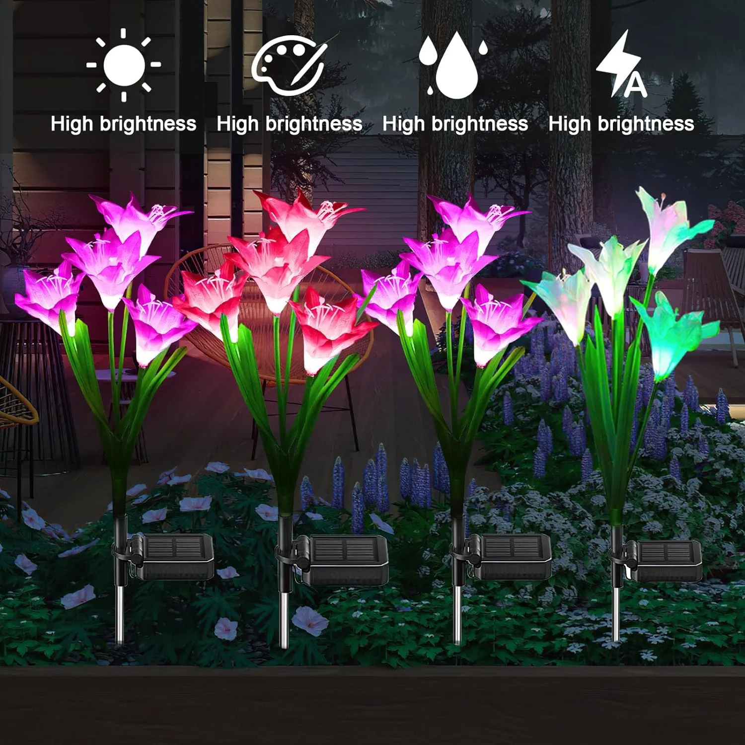 Outdoor Solar Lights 2Pack Solar Garden Lamp with Bigger Lily Flowers Waterproof 7Color Changing Lights Patio Yard Garden Decor 5