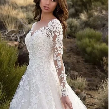 여성용 긴 소매 V넥 레이스 바닥 길이 신부 의류, 화이트 패션, 파티 교회 포멀 드레스, 우아한 포멀 드레스