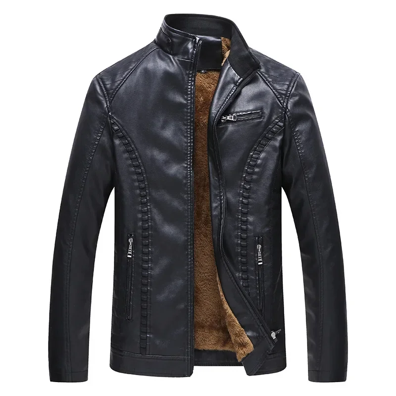 New Leather Jacket Men Winter Fleece Motorcycle PU Leahter Jacket Male Stand Collar Casual Windbreaker Hombre Slim Coat 5XL 6XL