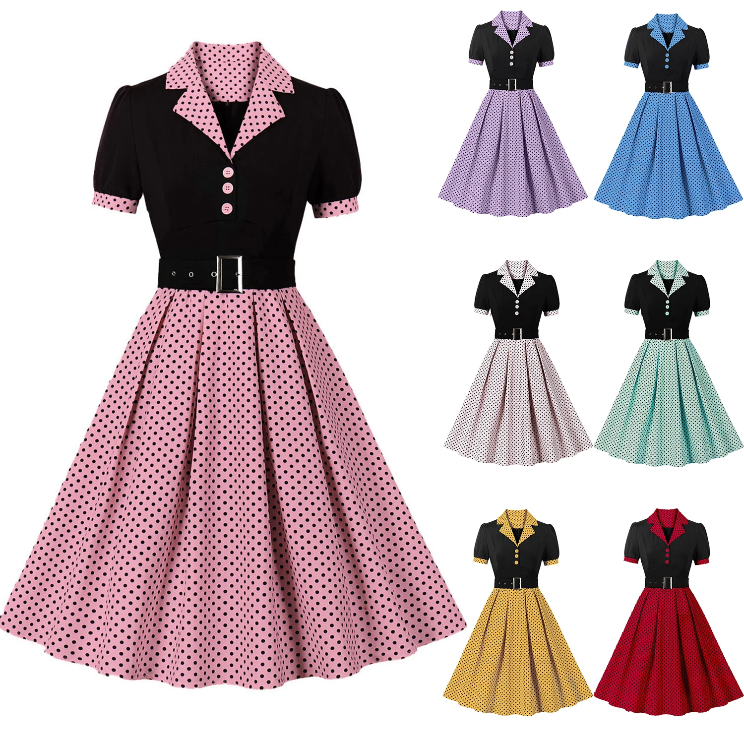 여성용 빈티지 턴다운 칼라 포클라 도트 벨트, A라인 원피스 헵번 스타일, 레트로 파티 스윙, 1950 년대 드레스