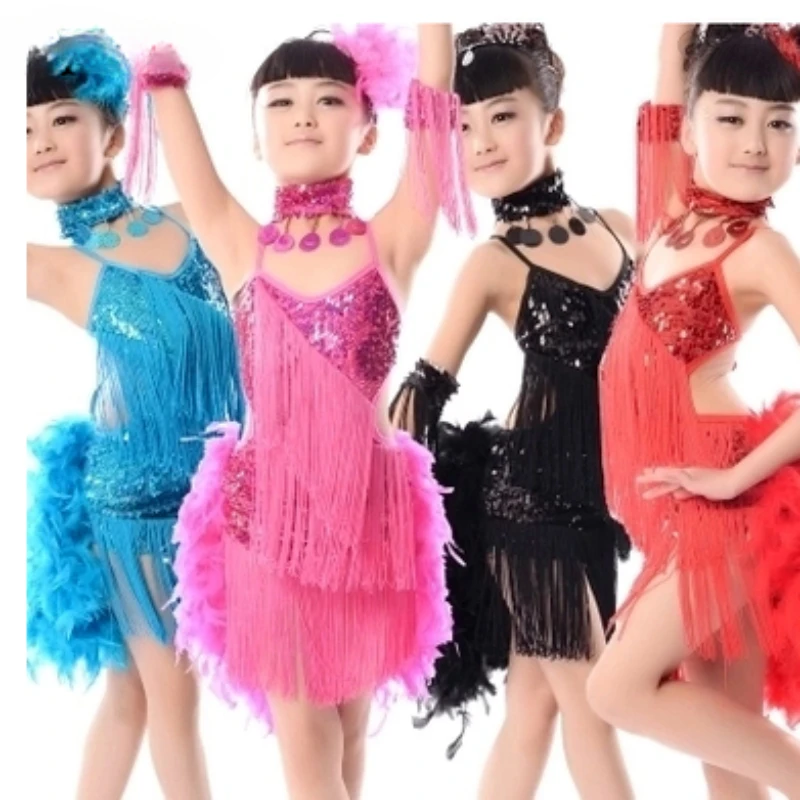 

Детское платье для латиноамериканских танцев с перьями, детский костюм с кисточками и блестками для девочек, одежда для выступлений и соревнований по Латиноамериканскому танцу