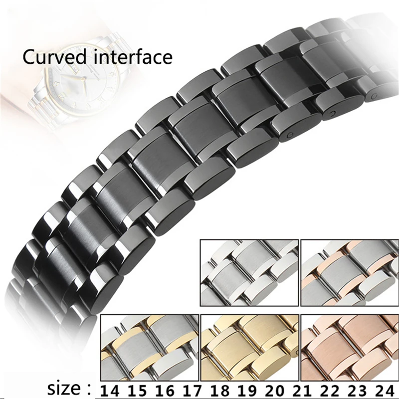 Curved End Stainless Steel Watch Band with Butterfly Buckle - Multiple Size Options Available