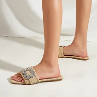 Aneikeh Summer Casual Fashion Square Headed Cane Knitted Flat Heels for Women Slippers Flat Bottom Crystal Sandals Beach Slides - Image 3