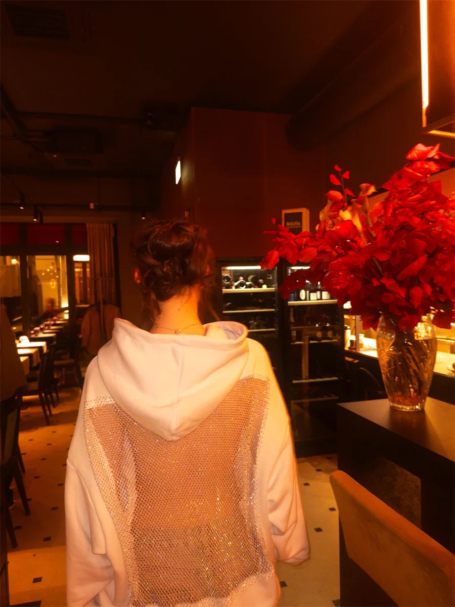 Women's Fashion Translucent Pullover Sweatshirt American Gothic Sexy Hollow Mesh Hoodie Y2K Clothes Casual Long Sleeves Jacket