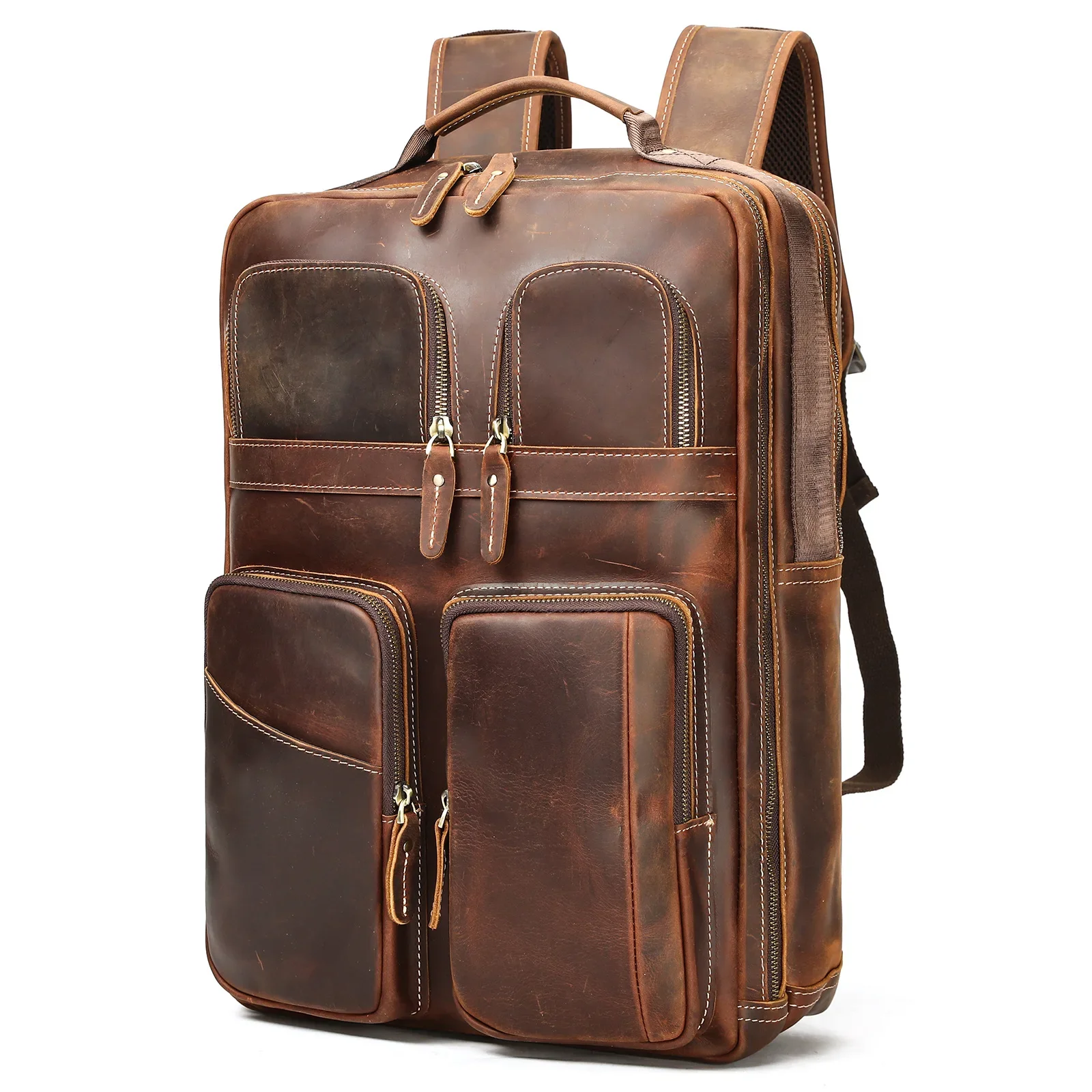 Vintage Crazy Horse Leather Men's Backpack with Large Capacity for Business Travel and 17-inch Laptop