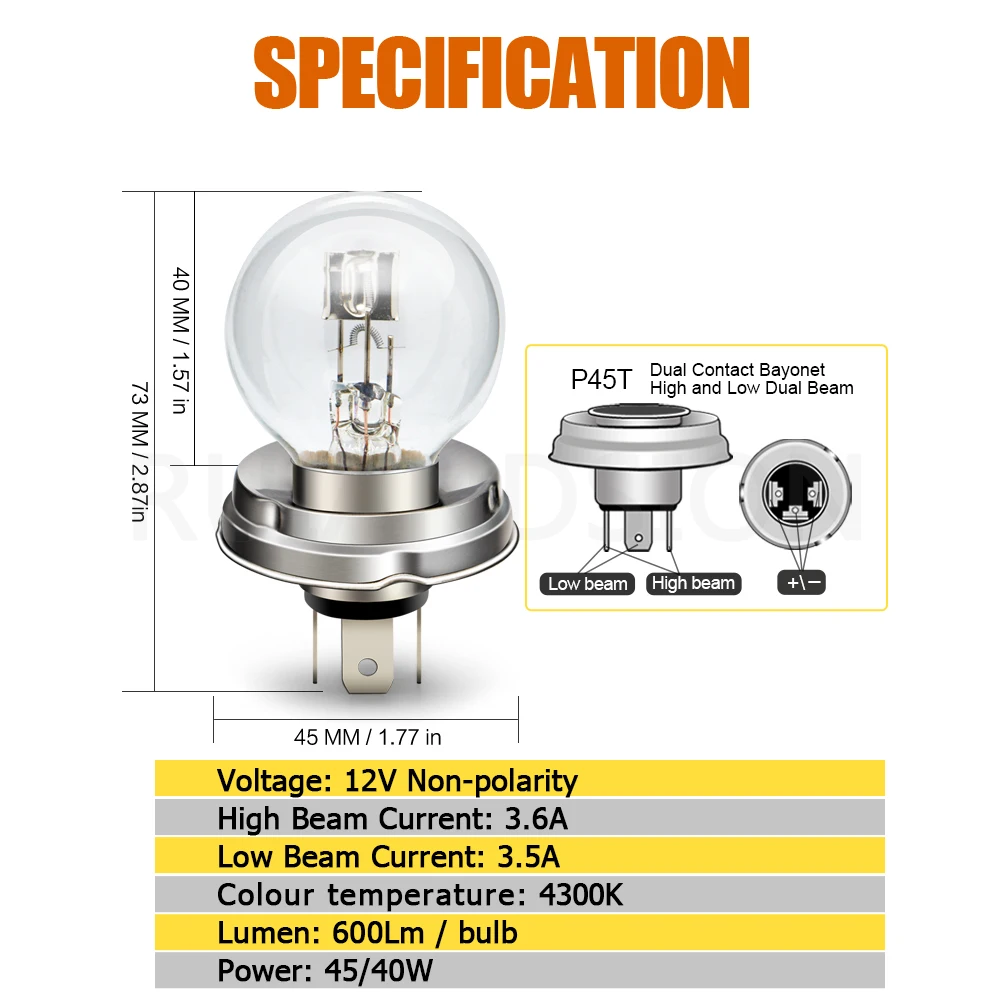 High-Performance 12V Halogen Headlight Bulb with Hi-Lo Beam (40W/45W) - Available in 3000K, 4300K, 6000K