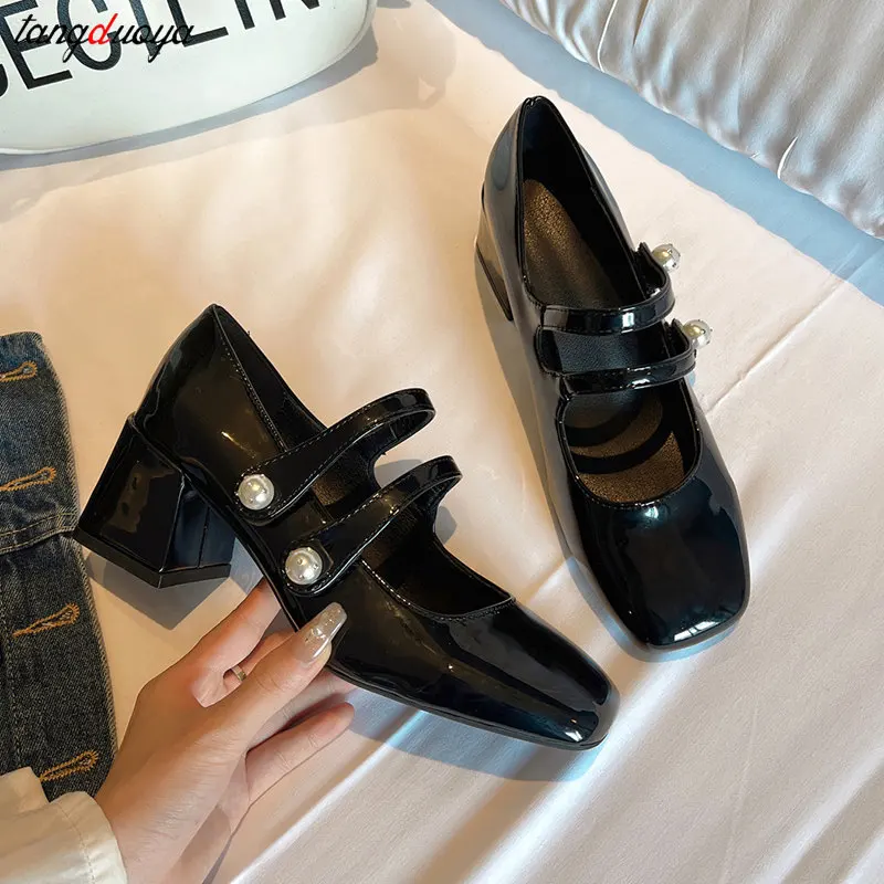 Sepatu Pump Pink Pu Heels Mary Jane untuk Wanita Block Heel Buckle