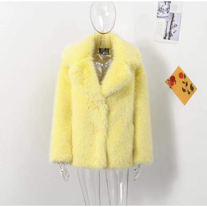 Fashion Faux Fur Jacket Coat Women Warm Fluffy Loose Long Sleeve Lapel Female Overcoat Winter Yellow Lady Street Outwear