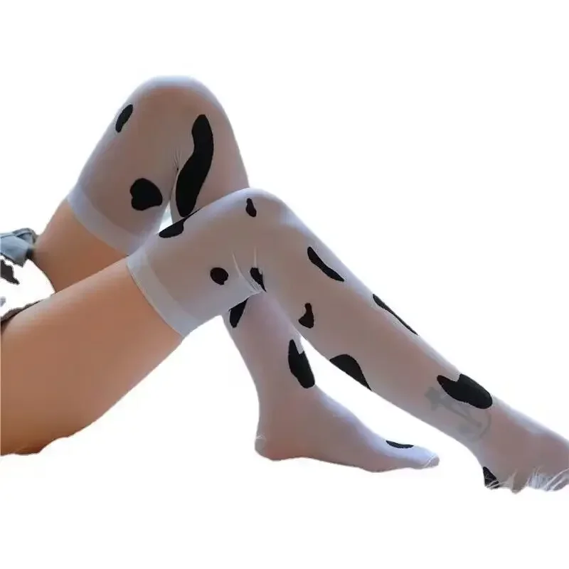 Fun Cow Pattern Long Tube Stockings High Waist Knee High Spot Patterned Socks in Milk White Color for Special Occasions