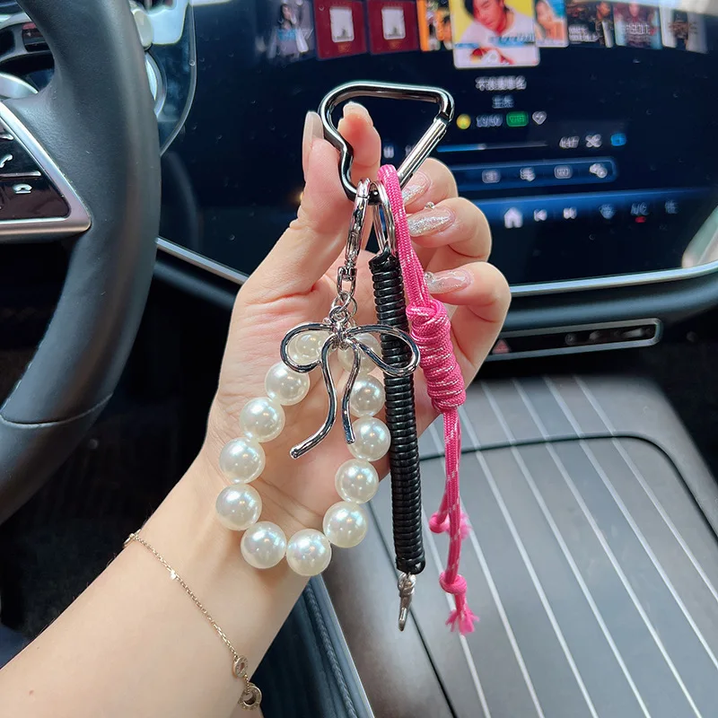 Trendy Pearls Bowknot Key Chain Soft Cotton Woven Lanyard for Keys and Handbags DropShip Women Bag Decoration Pendant