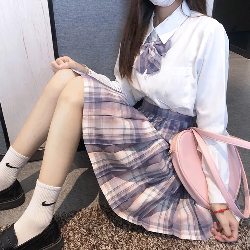 

Student Pleated Skirt Shirt Socks Full Set School Uniform Girl Jk Japanese Seifuku Sailor High Waist Dress Cosplay Schoolgirl