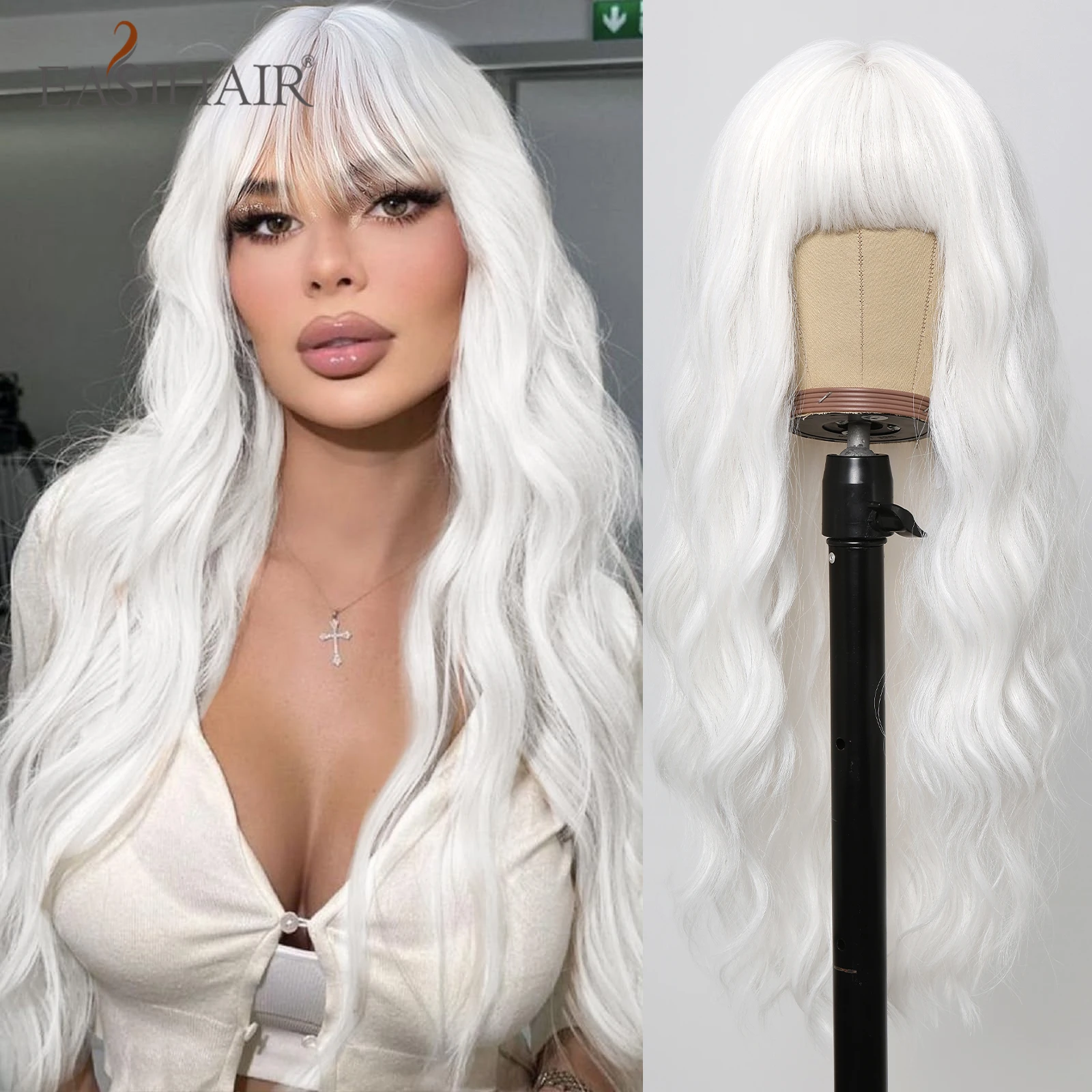 

White Platinum Blonde Long Curly Wave Synthetic Wigs with Long Bangs for Women Daily Cosplay Party Natural Heat Resistant Fiber