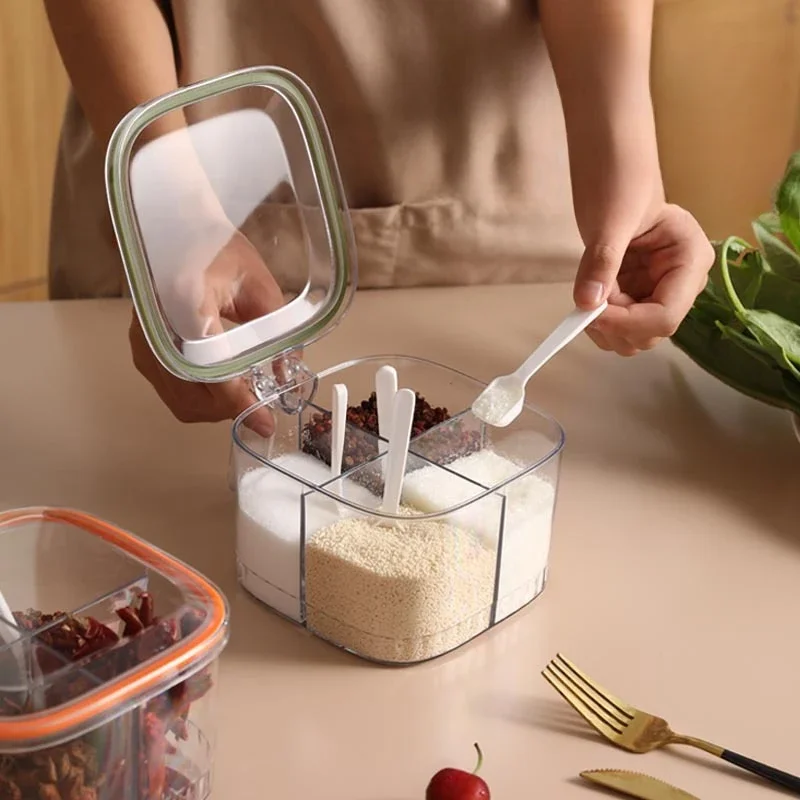 4 Grids Seasoning Box Transparent Lid Salt Pepper Seasoning Jar Household Sugar Condiments Storage Container Kitchen Gadgets seasoning jar salt shaker spices bottle salt pepper shakers