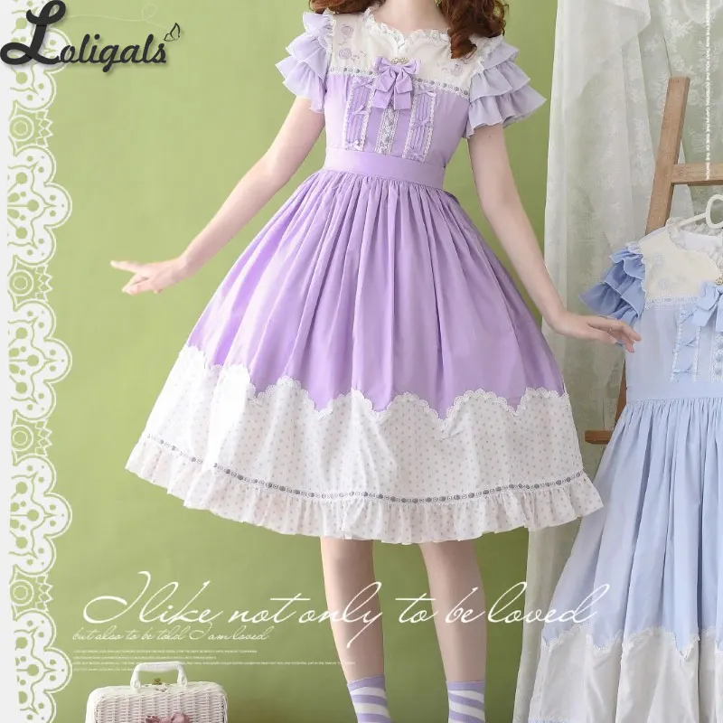 Sweet Lolita Dress Short Layered Cap Sleeve Polka Dotted Cotton Embroidered Casual Midi Dress by Strawberry Witch