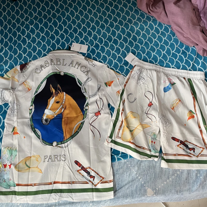 

Dropshipping Casablanca Shirts Horse Head Full Print Short Sleeves Tops Holidays Casual Loose Men Women Shirt