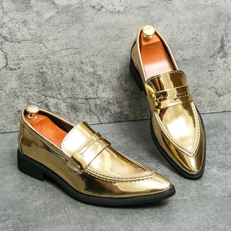 

Модные мужские туфли с золотым острым носком, Роскошные блестящие мужские строгие туфли, размер 47, без шнуровки, для мужчин