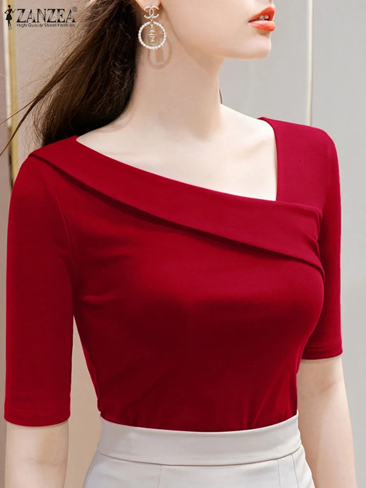 

ZANZEA Summer Elegant Women's Blouse Solid Knitted T-shirt Slanted Collar Short Sleeve Casual Korean Style Tops Party Chemise