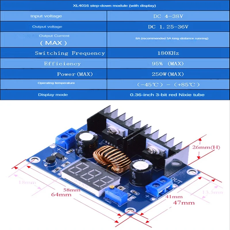 A40I LED 전압계 PWM 조정 가능한 4-38V 1.25-36V 스텝 다운 보드 모듈 XL4016 8A 250W DC-DC 전원 드롭 모듈