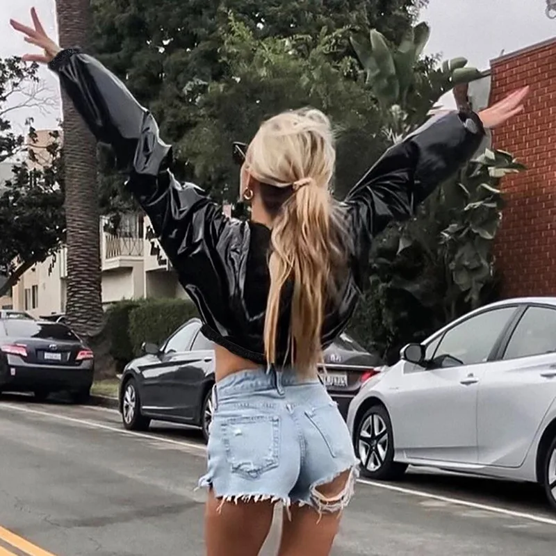 Fashion Women Smooth Leather Jacket All-Match Hood Collar Slim Fit Women Style PU Leather Shiny Tops Short Cropped Hoodie Jacket