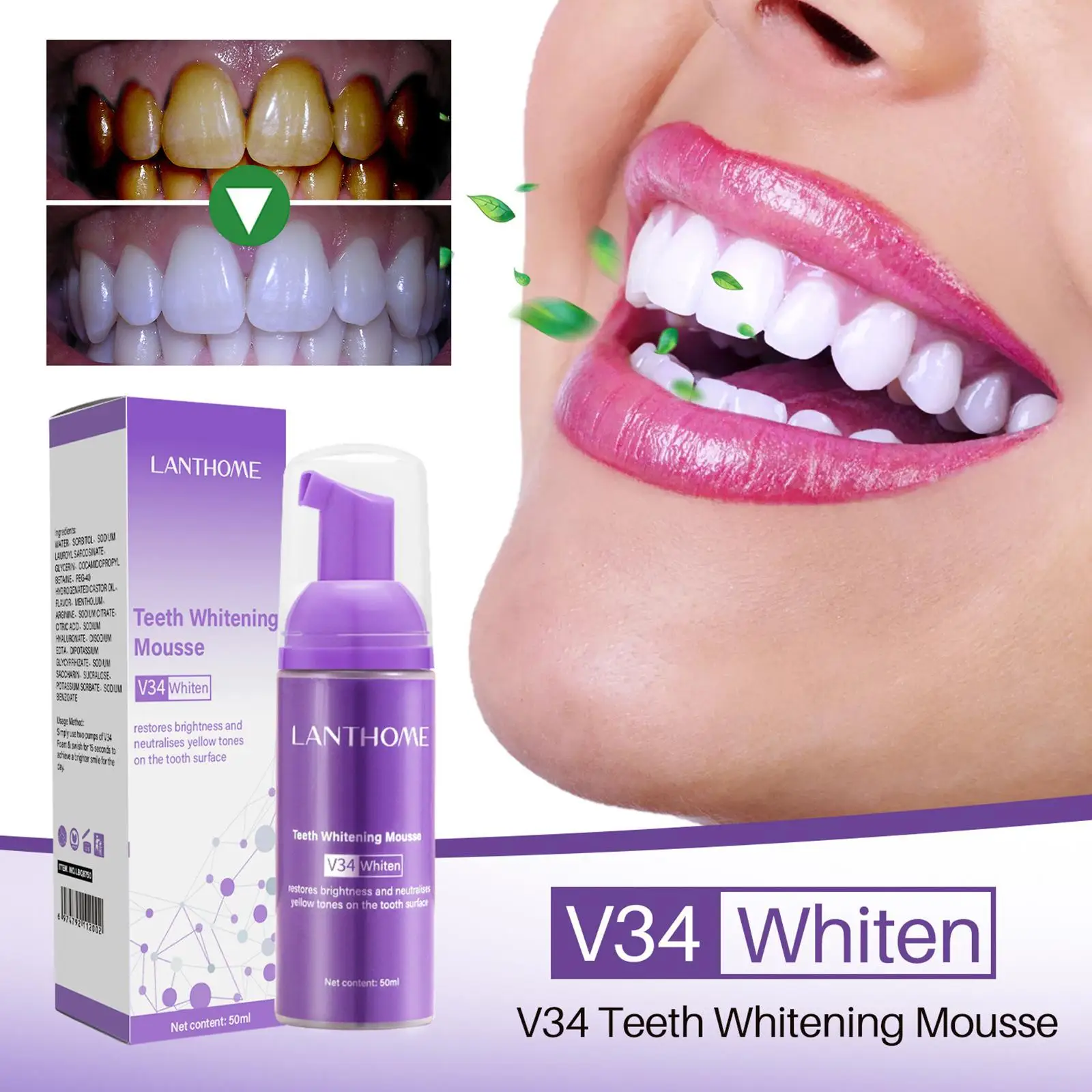 2PCS 50ml V34 Mousse Toothpaste Teeth Whitening Removing Yellow Teeth Cleaning Tooth Stain Oral Fresh Tooth Care Teeth Cleaner Teeth Whitening Toothpaste