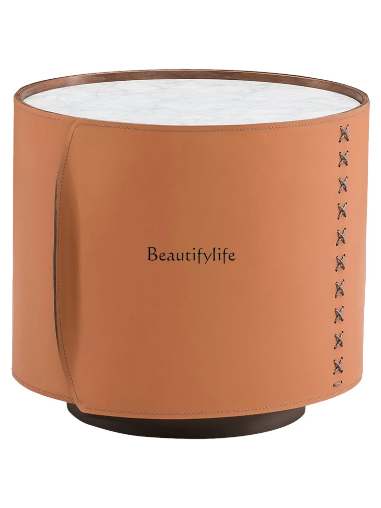 

Italian Minimalist Saddle Leather Side Table Marble Oval Built-in Storage Orange Small Coffee Table Bedside Table