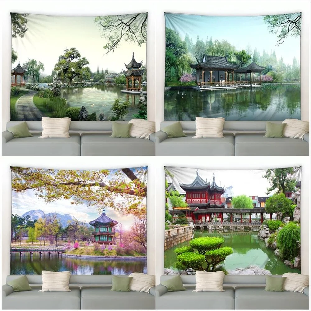 

Japanese Park Nature Landscape Tapestry River Pavilion Green Plants Flowers Chinese Style Scenery Decor Home Wall Hanging Cloth