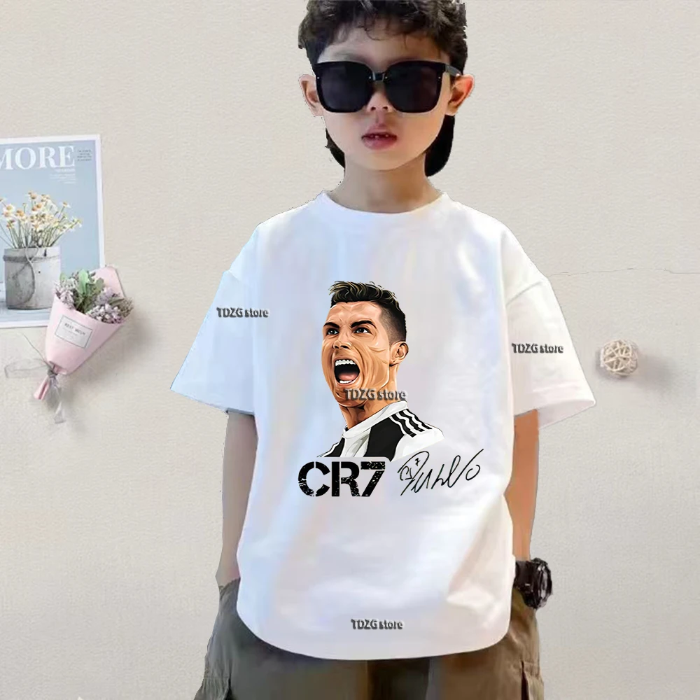 قميص صيفي للأطفال مطبوع عليه رونالدو Cr7 بأكمام قصيرة، تي شيرت قطني مريح للأطفال، ملابس عصرية للأولاد