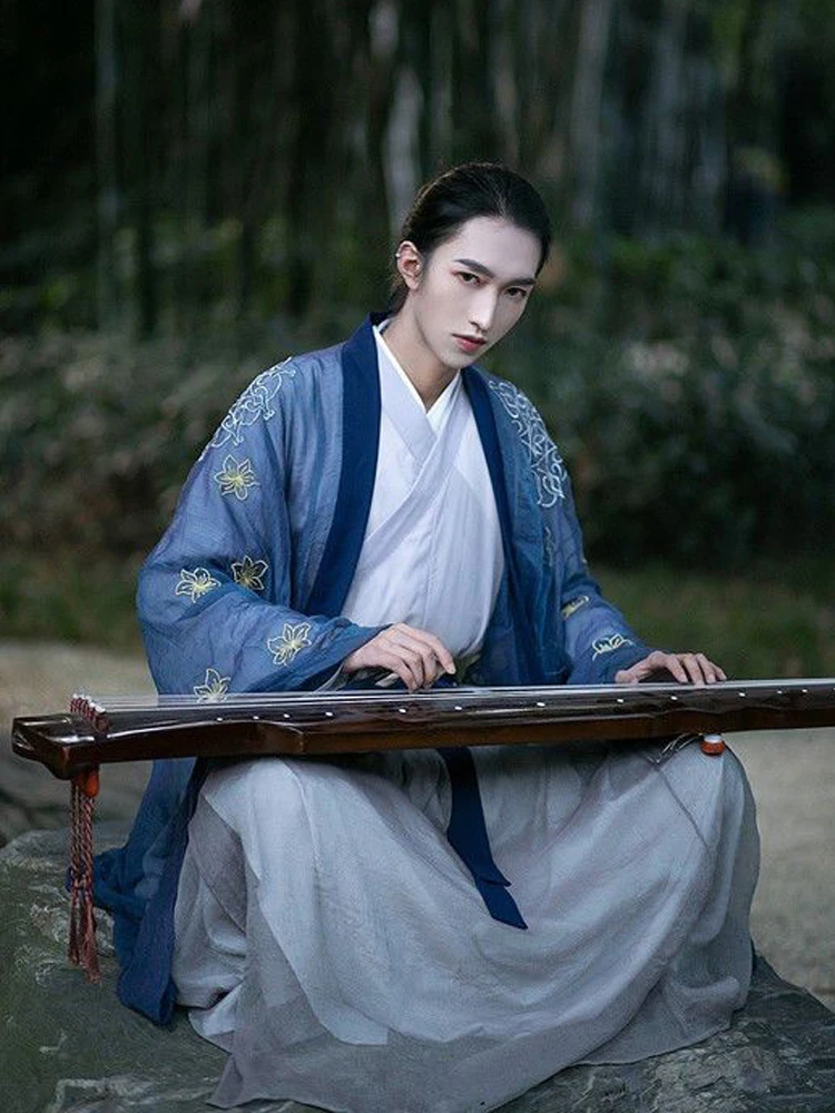 

Hanfu Мужчины Женщины влюбленные CP Повседневная Вышивка древняя одежда Wei Jin стиль крест воротник Талия супер иммортный костюм весна лето