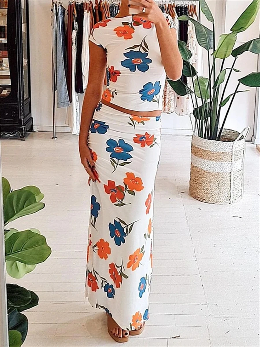 

wsevypo Floral 2Pieces Dress Sets Summer Women Top Skirt Suits Elegant Fashion Backless Short Sleeve T-shirts+Wrap Long Skirts