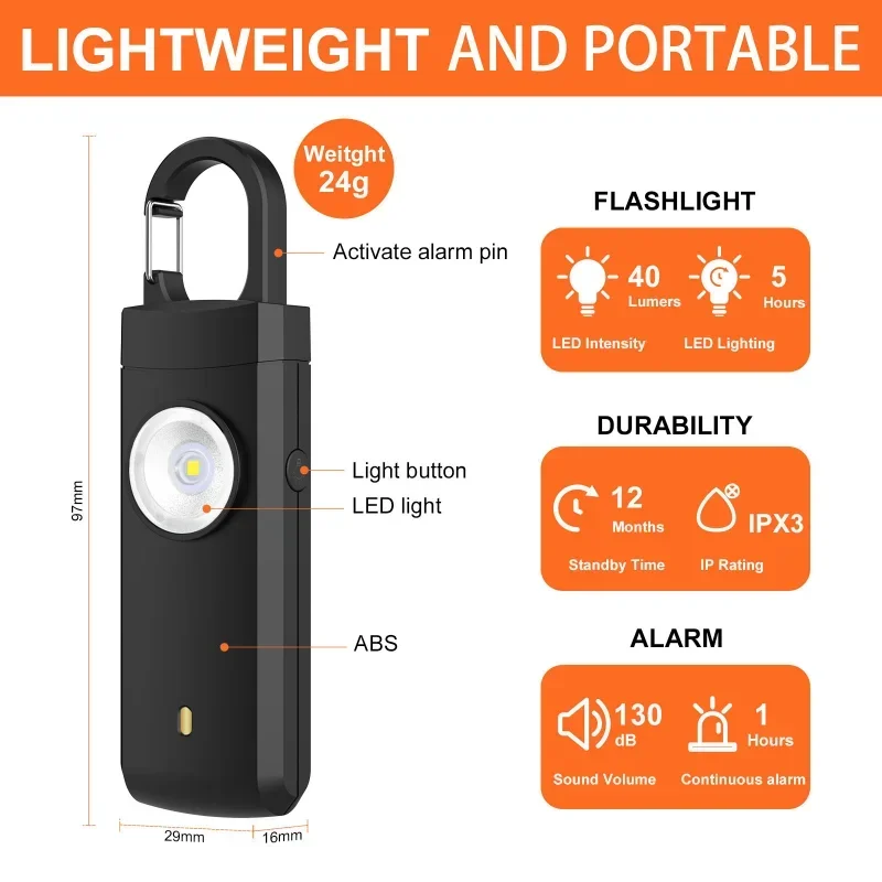 안전 경보가 있는 자기 방어 LED 손전등, USB 충전식 키체인 조명, 보호 용품, 여성 야외 경보