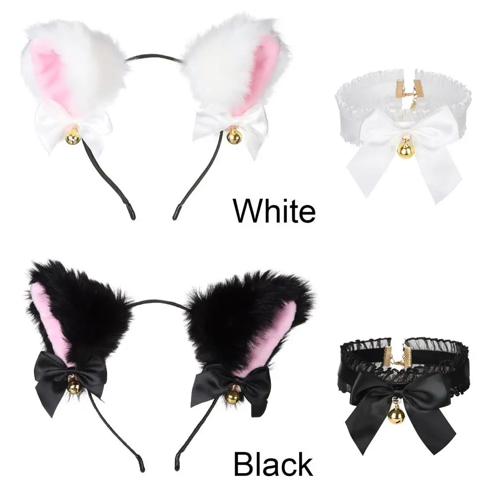 

2 Pcs Cat Ear Headband With Bells Necklace Cosplay Girl Plush Furry Cat Ears Headwear Fancy Dress Hairband For Costume Party