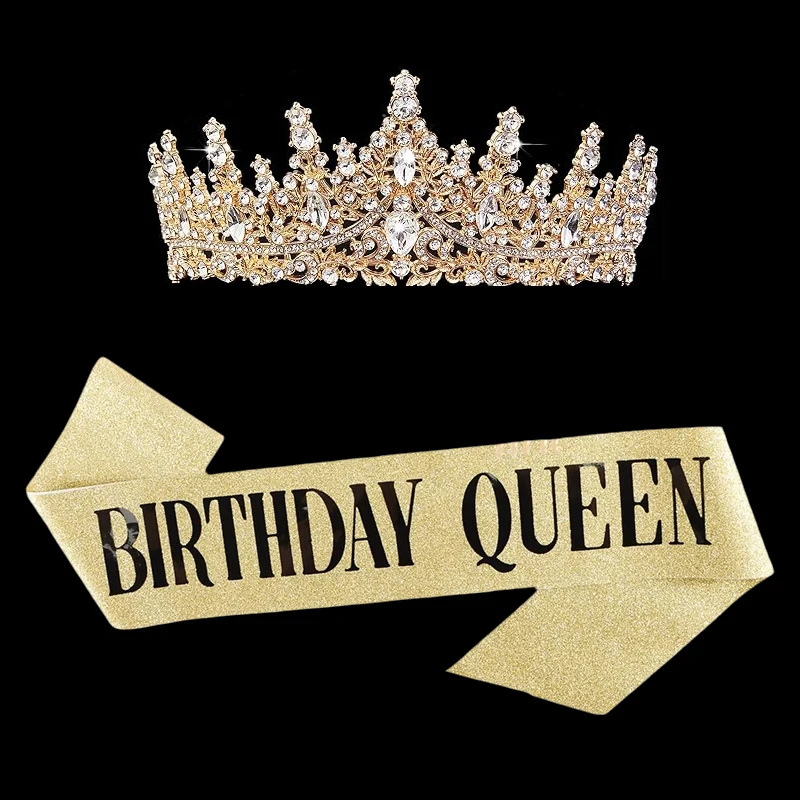 2PC 골든 생일 퀸 벨트와 크리스탈 크라운 세트