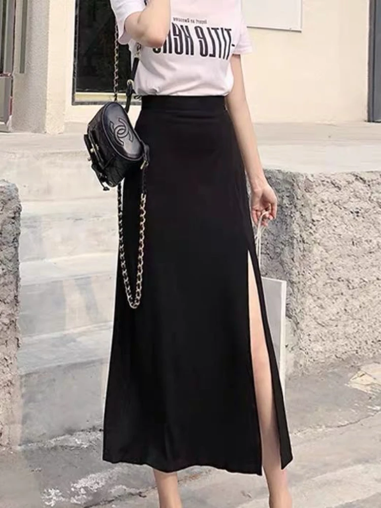High Quality Drape Korean Style Skirt Women High Waist Midi Long Skirts For Women Streetwear Side Slit Solid Color Long Skirt