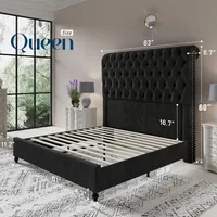 Queen Size Bed Frame with Sleigh Headboard 60" Tall Velvet Upholstered Platform Beds, No Box Spring Needed, Queen Size Bed Frame 2