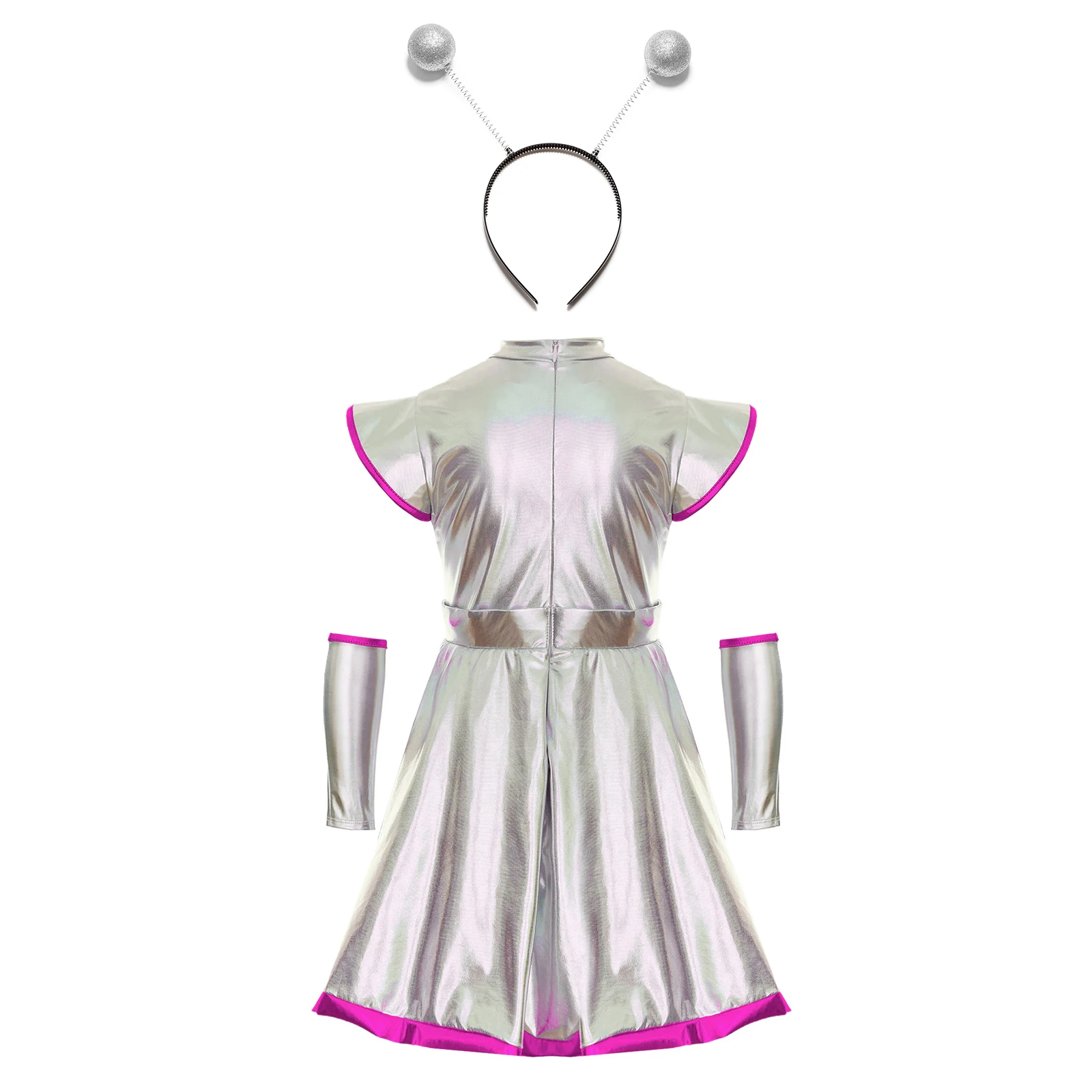 Girls Alien Costume Outer Space Cosplay Suit Metallic Sleeveless Dress with Arm Sleeve Hair Hoop Halloween Space Man Outfit