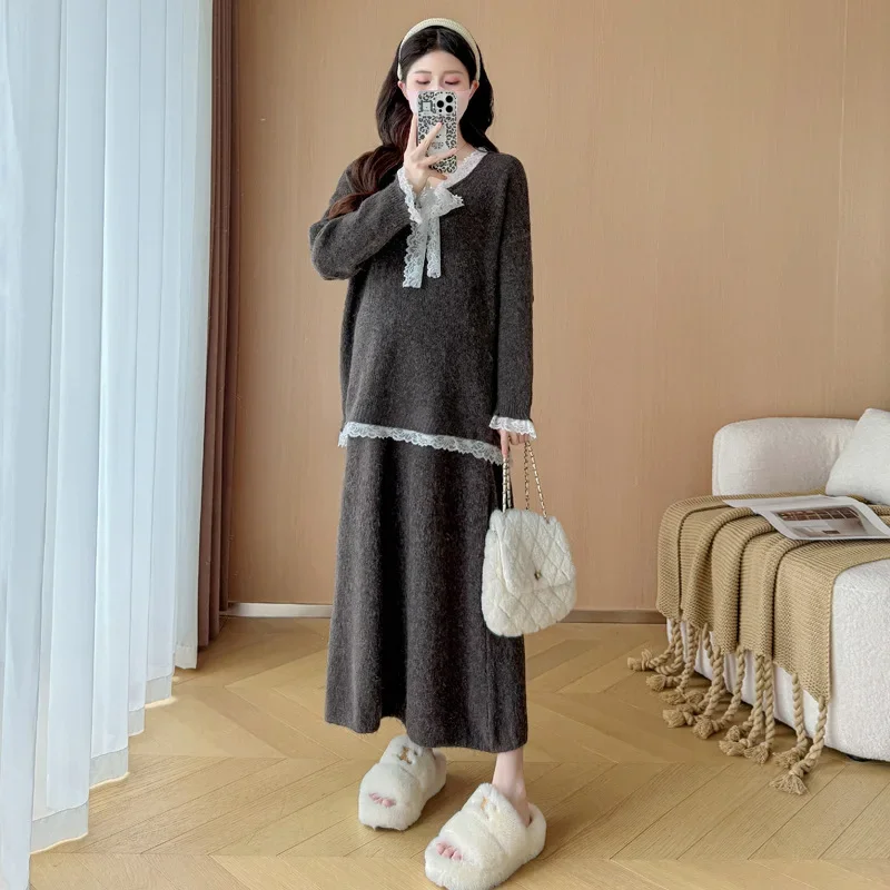 Fashionable Autumn/Winter Maternity Suit Plus Size Elegant Trendy Sweater Cardigan+Skirt 2-piece Set For Pregnant Women