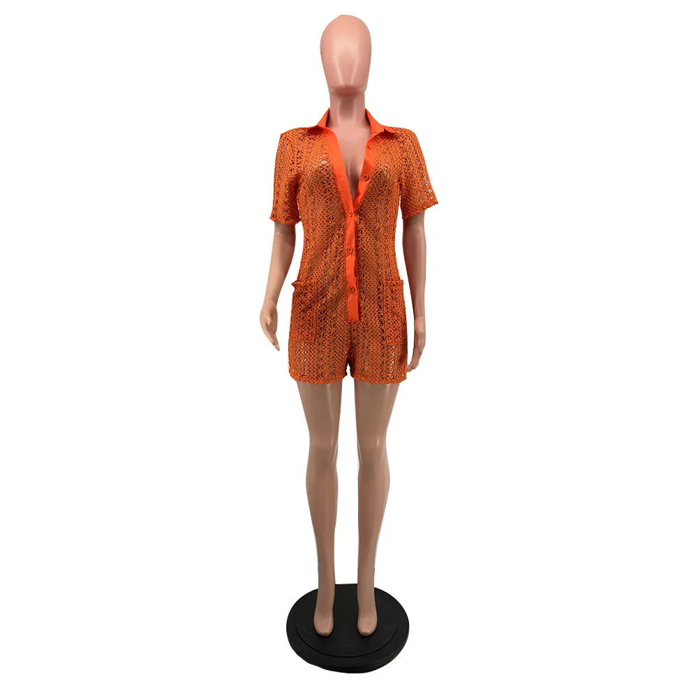 Ladies Summer Hollowed Out Jumpsuit Women Beach Cover Up Solid Color Sexy Hand Hook See Through Knitted Jumpsuit