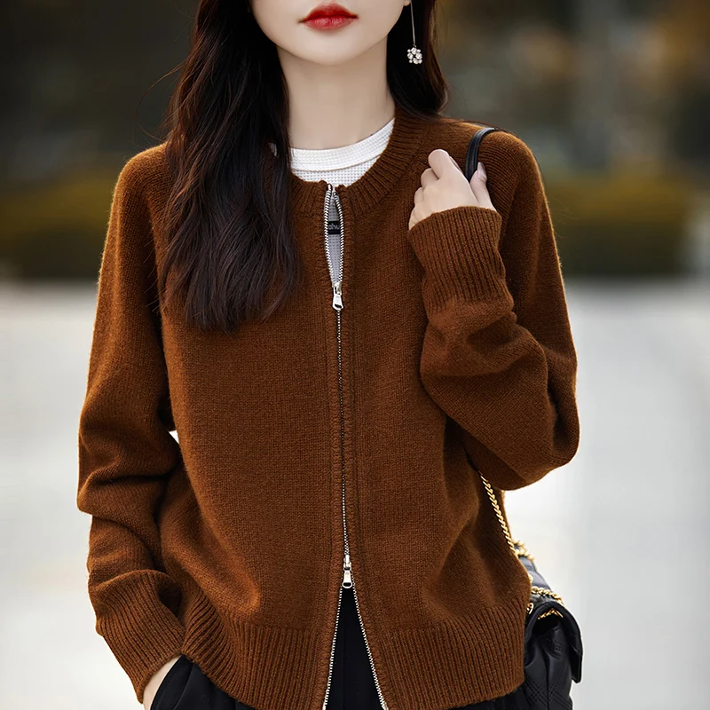 

Women Zipper Short Cardigan Long Sleeve Casual Sweater Coat For Spring Autumn 100% Merino Wool Knitwear Korean Popular Tops