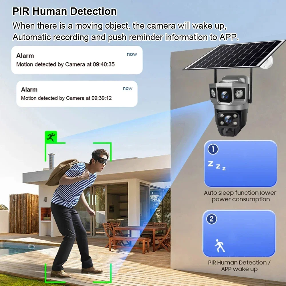 12MP Dual Lens Solar IP Camera Three Screen 4G 6K Security Outdoor WiFi Webcam PIR Night Vision Waterproof Home Surveillance Cam 5