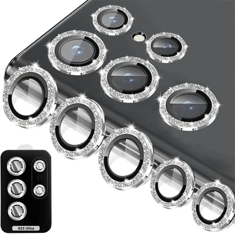 Sparkling Diamond Camera Lens Protector with Metal Ring and Tempered Glass Cover