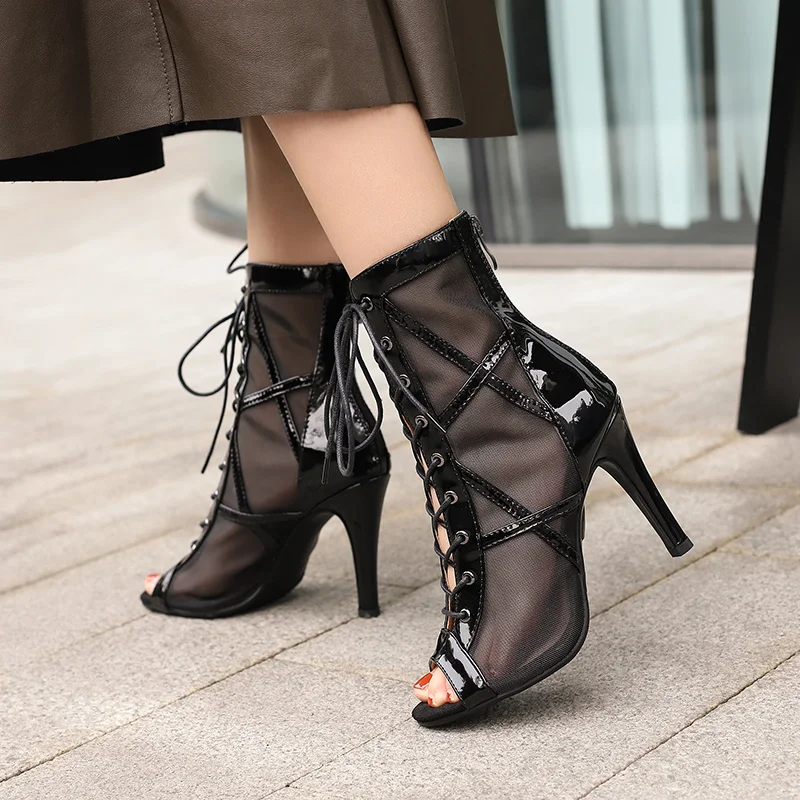 

YMECHIC Size 45 Chelsea Air Mesh Women Thin Heels 9.5CM Boots Sexy Ankle Peep Toe Lace-Up Shoes 2022 Summer Prom Pumps Black Red