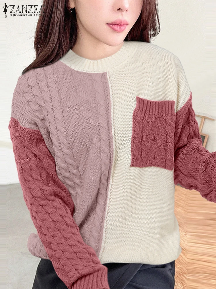 Autumn Patchwork Sweaters Women Pullovers Long Sleeve Winter
